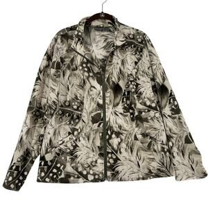 Chico's Additions Full Zip Jacket Size L Gray Green Botanical Print Lightweight